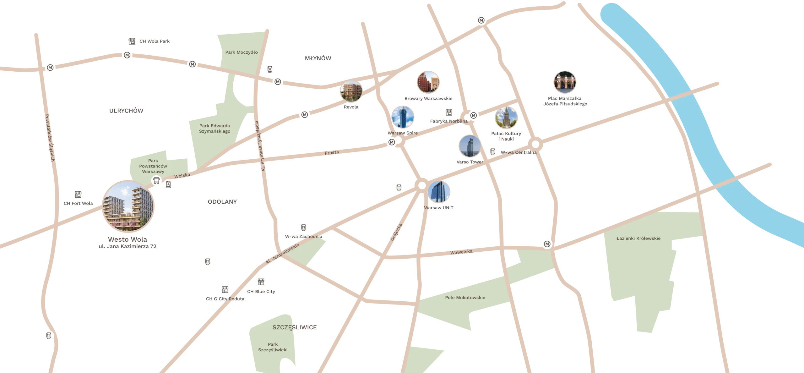 Mapa Westo Wola przy ulicy Jana Kazimierza na tle Warszawy, z zaznaczonymi parkami i komunikacją miejską